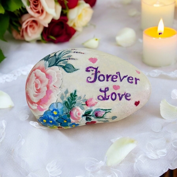 Painted LOVE river rock with rosy- peach roses, blue accent flowers, and hearts - Picture 15 of 17